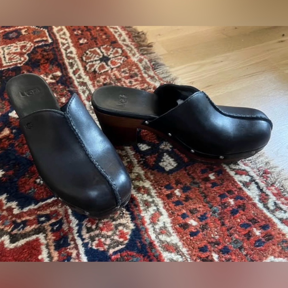 UGG Judi Black Leather Studded Clogs with Wood-Tone Heel
